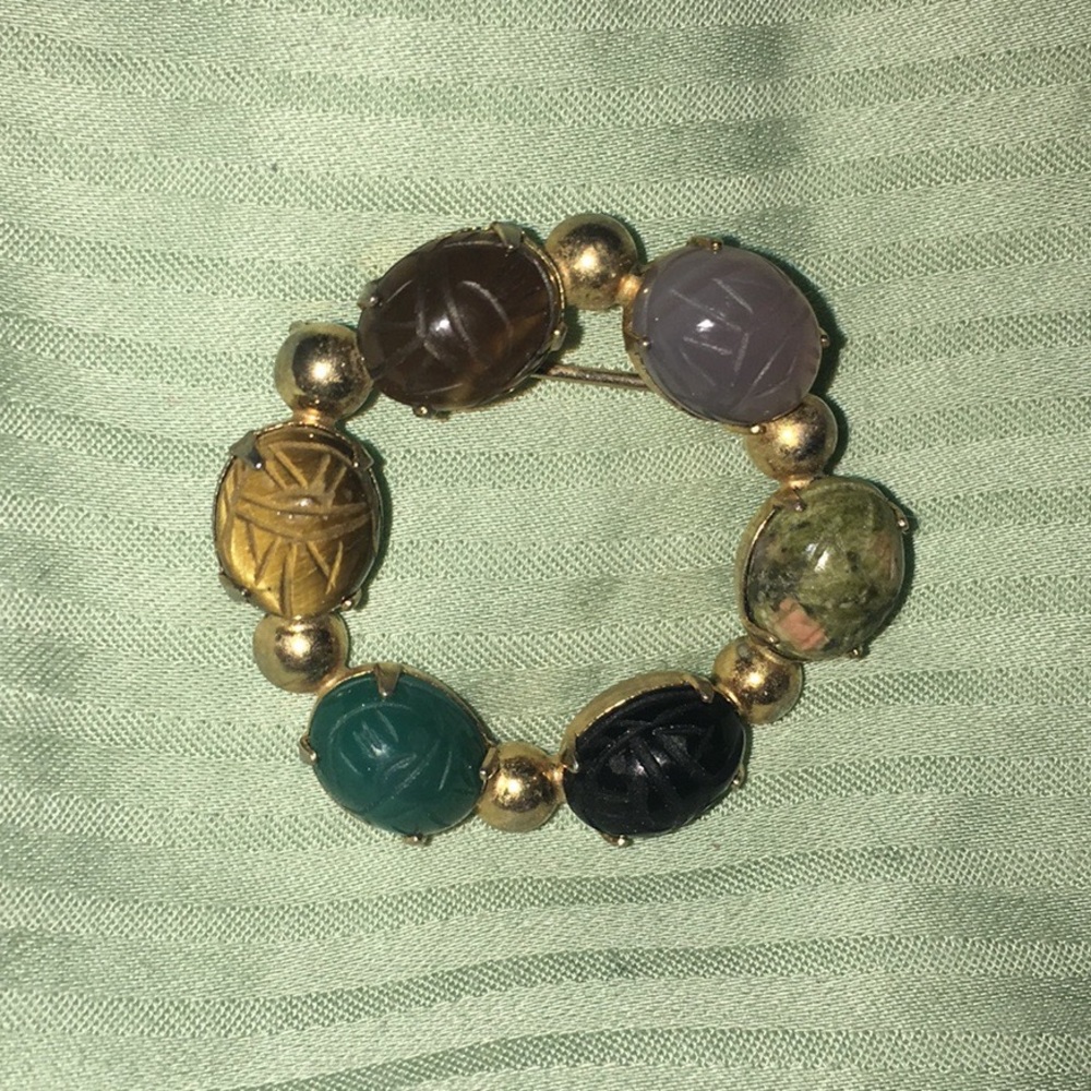 Vintage Natural Stone Brooch Gold Tone